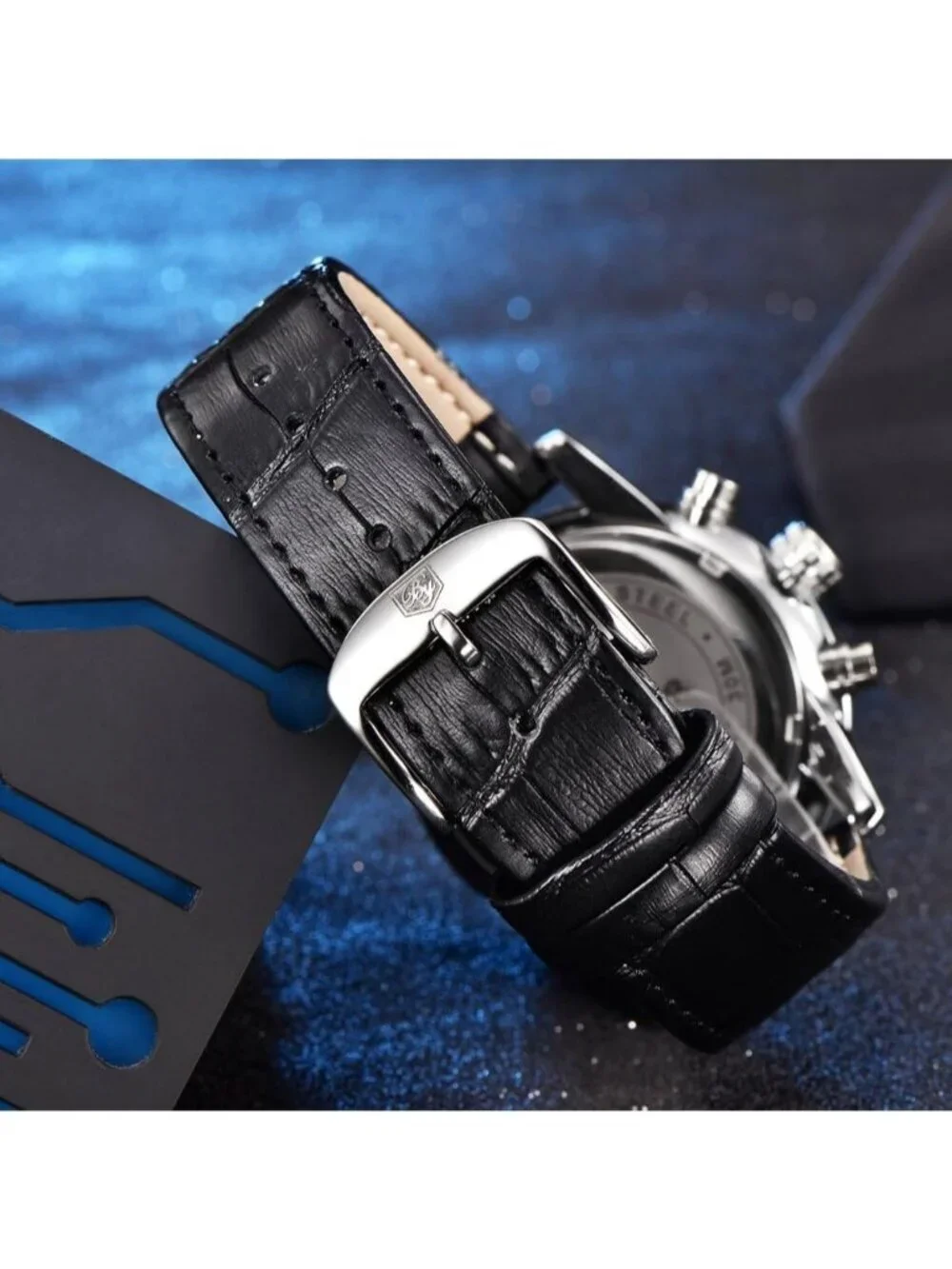 Men's Black Analog Quartz Leather Strap Chronograph Sport Waterproof Wrist Watch